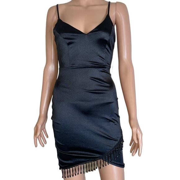 E.L.H. Studio black dress mini V-neck Satin V-neck beaded edge mini body-con SM - Picture 2 of 12